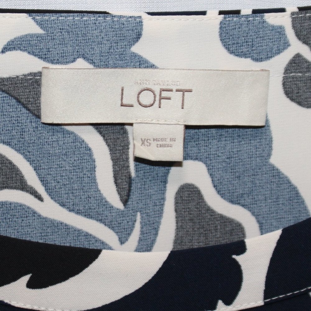 Loft Navy Black and White Long Sleave Straight lined Floral Dress with Tie - Picture 11 of 13